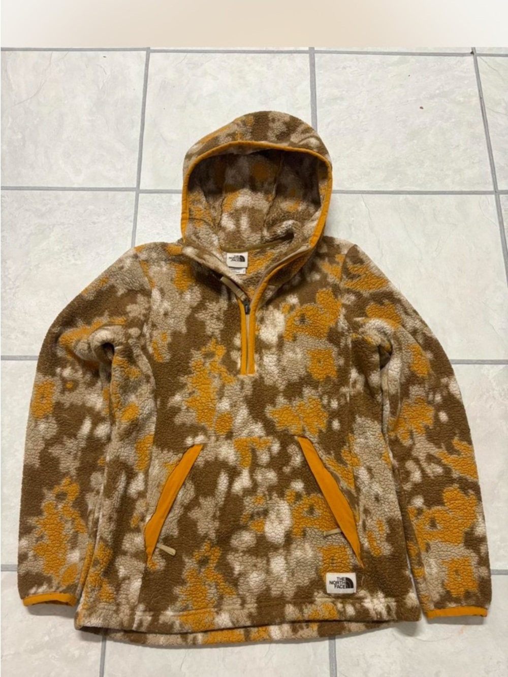 The North Face Yellow Brown Camo Fleece Hoodie Womens S MEASUREMENTS SHOWN